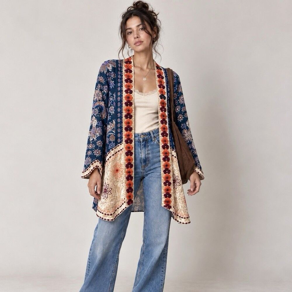Soft Surroundings Burnout Velvet Embroidered Kimono Top XL Floral Whimsigoth VTG